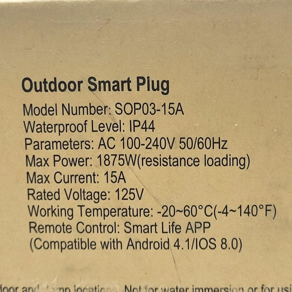 Tonbux Outdoor Wifi Smart Plug, 3 Sockets Model SOP03-15A 125V